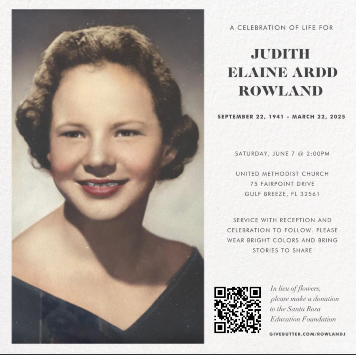 Campaign cover image for In remembrance of Judith Rowland