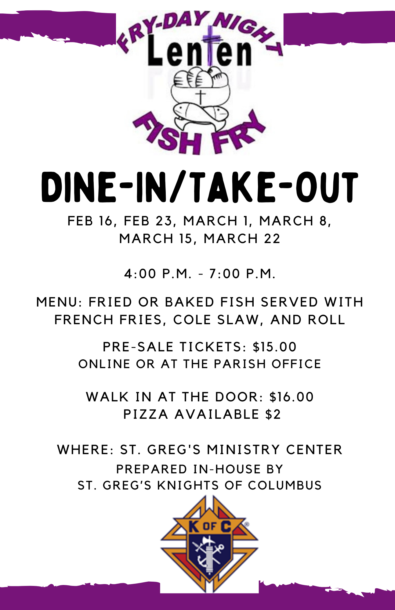 Campaign cover image for St. Greg's Knights of Columbus Fridays Lenten Fish Fry 2024
