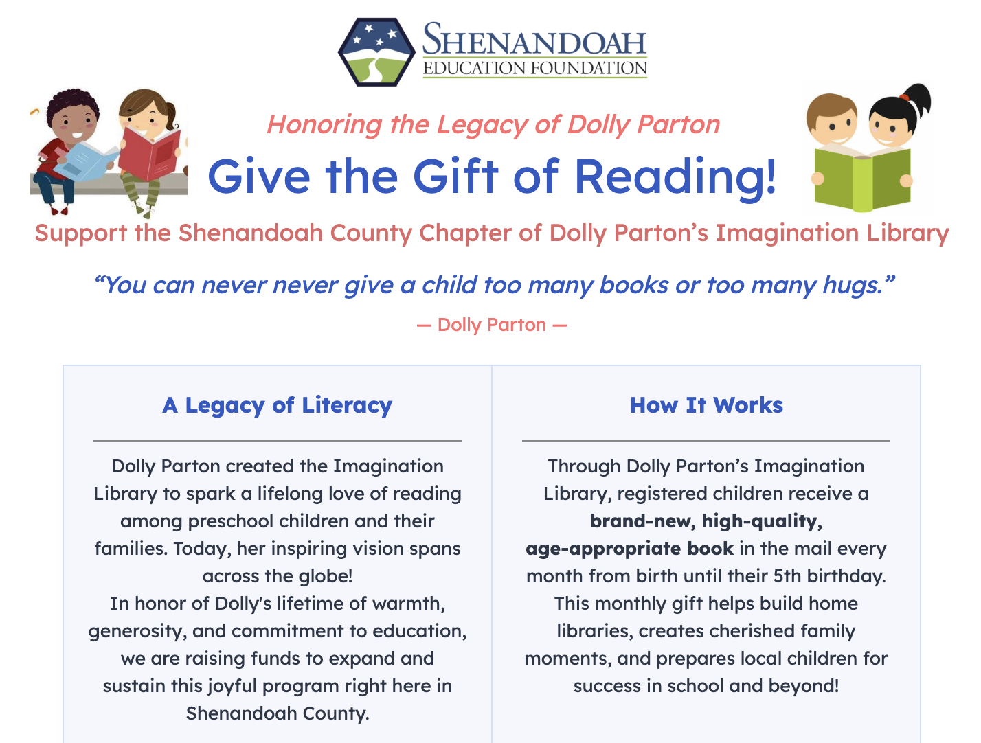 Campaign cover for Dolly Parton's Imagination Library - Shenandoah County