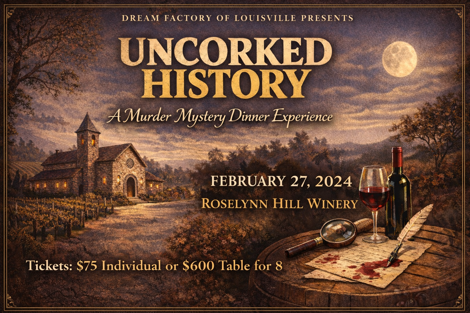 Campaign cover image for Uncorked History- A Murder Mystery Dinner Experience