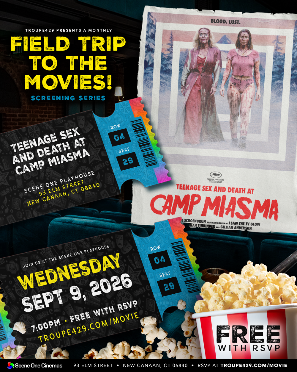Campaign cover image for FREE "Teenage Sex and Death at Camp Miasma" Private Screening for Troupers! (WED SEPT 9, 2026 // 7:00PM // New Canaan)