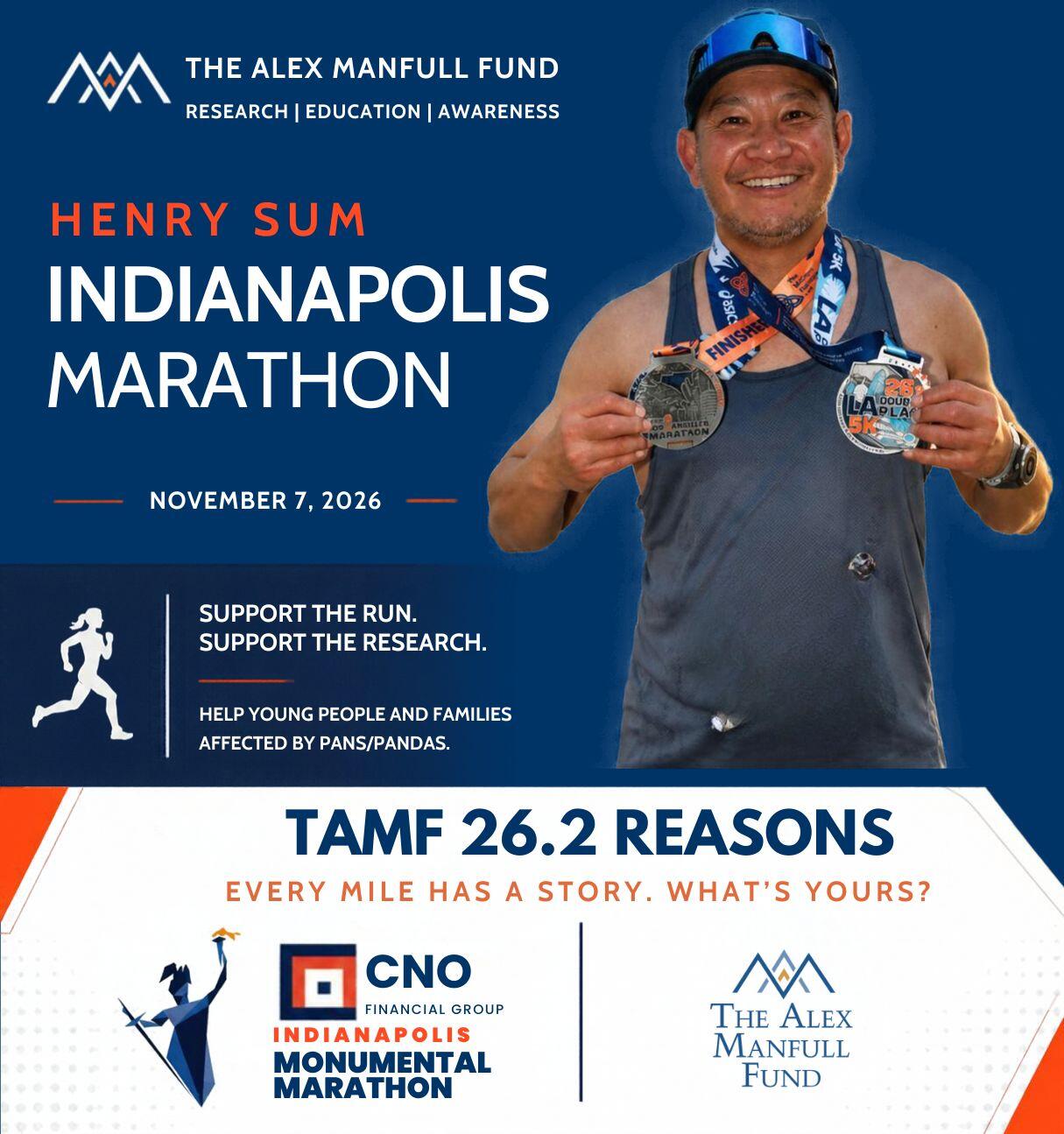 Campaign cover image for TAMF 26.2 REASONS | Indianapolis Monumental Marathon | Henry Sum | November 7th, 2026
