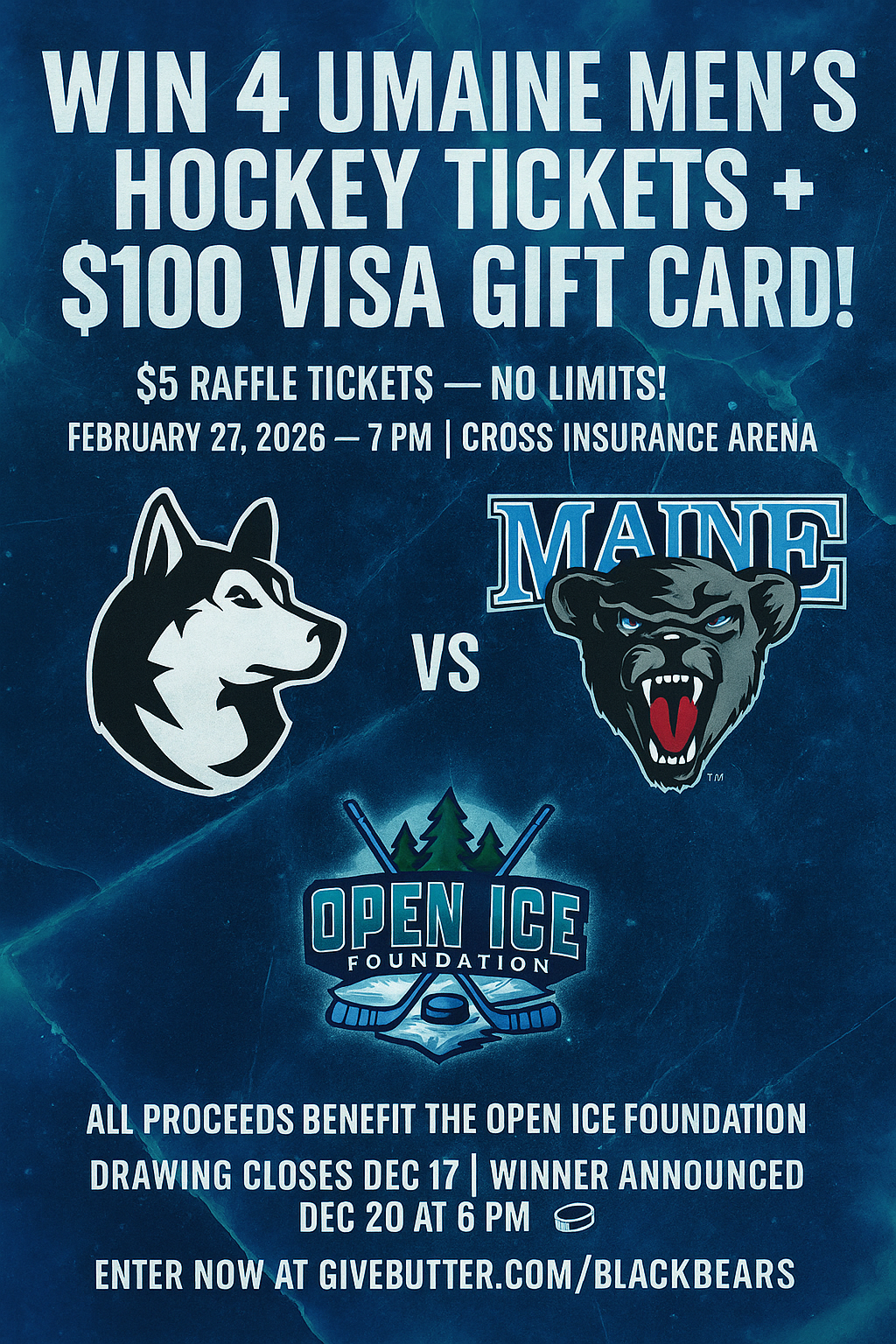 Campaign cover image for Win a 4 Pack of UMaine Mens Hockey Tickets and $100 Visa Giftcard
