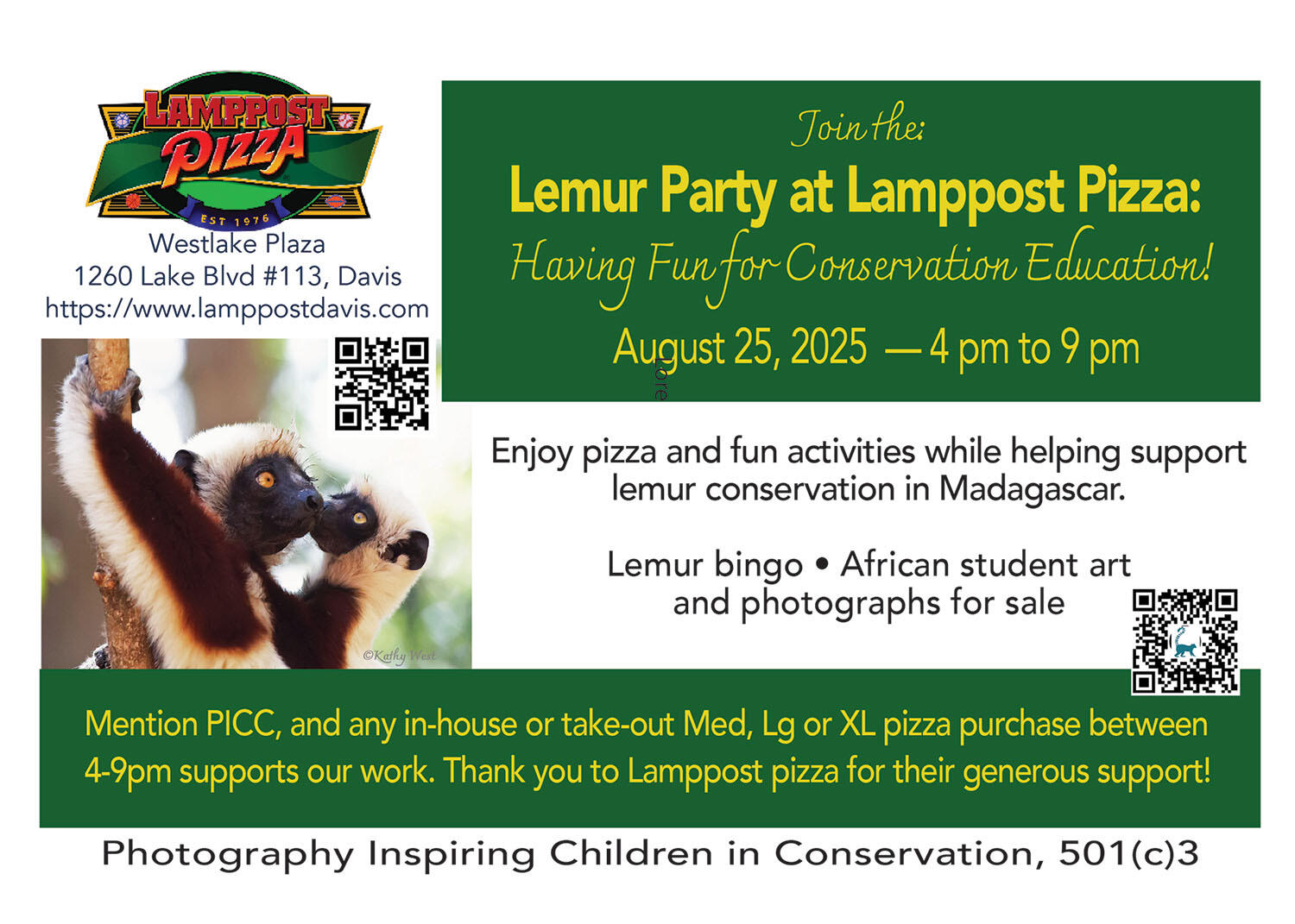 Campaign cover image for August 25, 2025 – Lemur Party at Lamppost Pizza: Having Fun for Conservation!