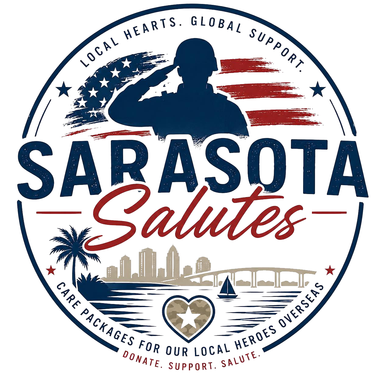 Sarasota Salutes emblem: a saluting soldier over the Sarasota skyline with the motto Local Hearts, Global Support