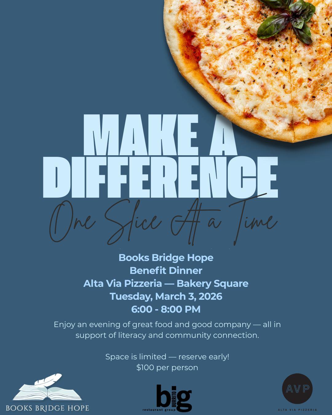 Campaign cover for Books Bridge Hope Benefit Dinner at Alta Via Pizzeria