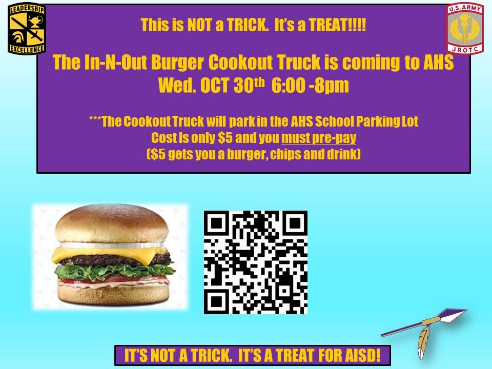 Campaign cover image for In-N-Out Burger Cookout Fundraiser- Oct 30th from 6-8pm in AHS parking lot