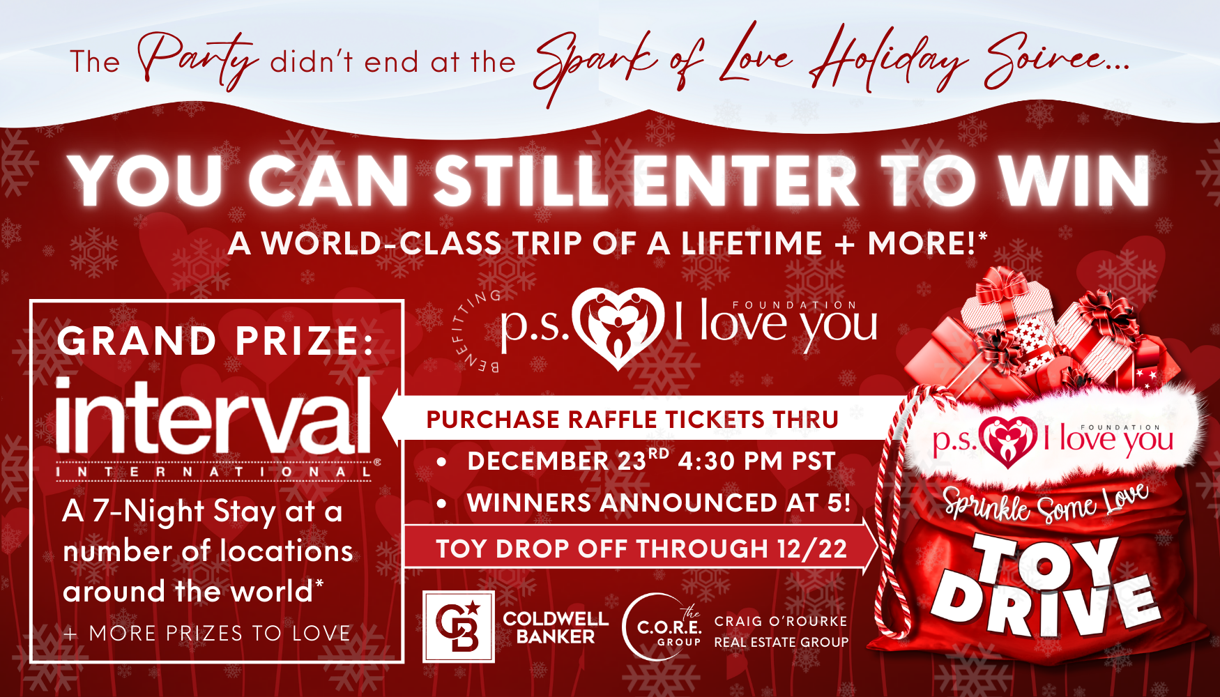 Campaign cover image for Still Time to Win: Raffle Tickets Available till Dec. 23 at 4:30 PM → Int'l Vacation + More! 100% of net proceeds support P.S. I Love You Foundation