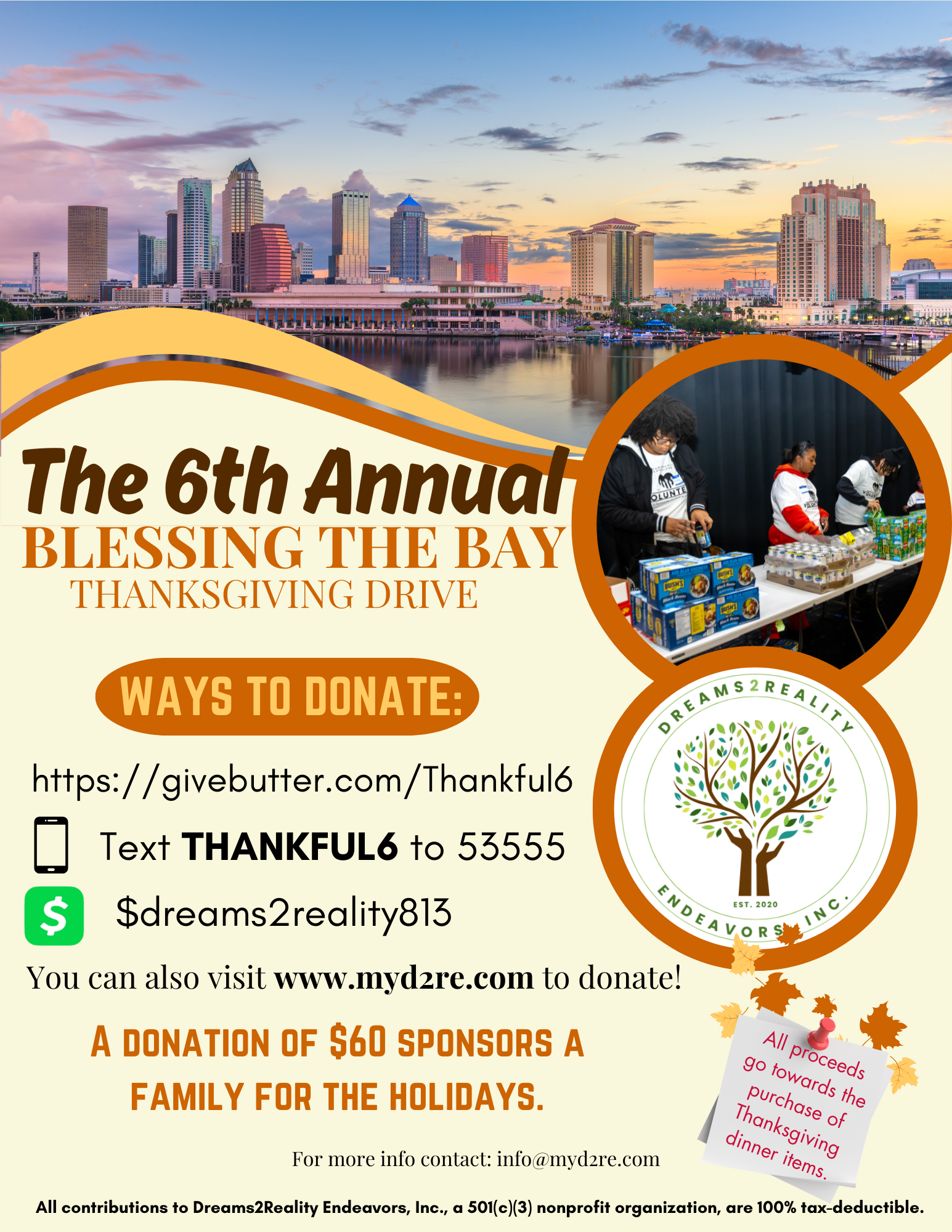 Campaign cover image for Dreams2Reality Endeavors' 6th Annual "Blessing the Bay" Thanksgiving Drive