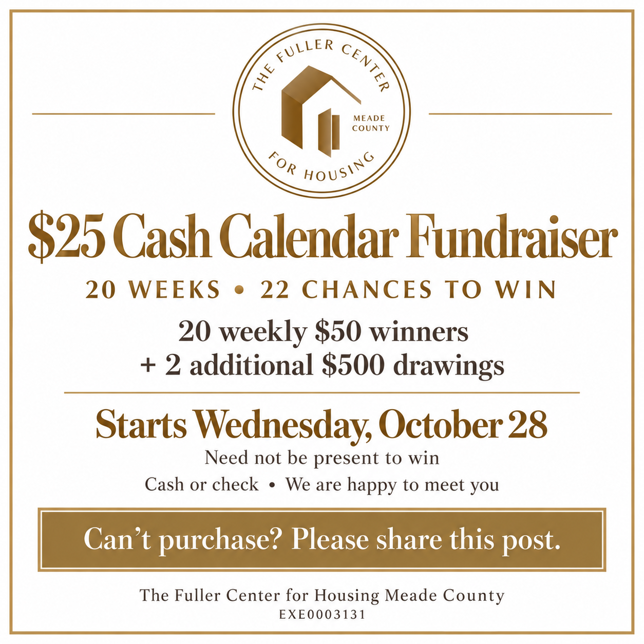 Cash Calendar Fundraiser | The Fuller Center for Housing of Meade County