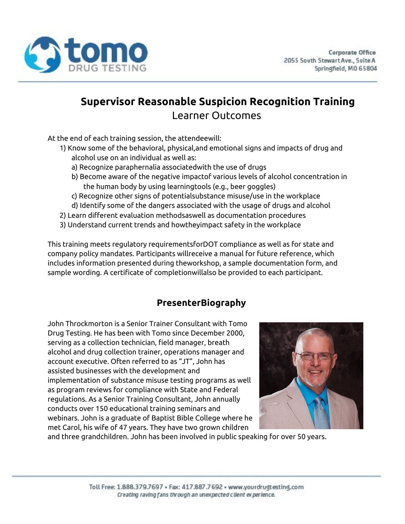 Campaign cover image for Supervisor Reasonable Suspicion Recognition Training