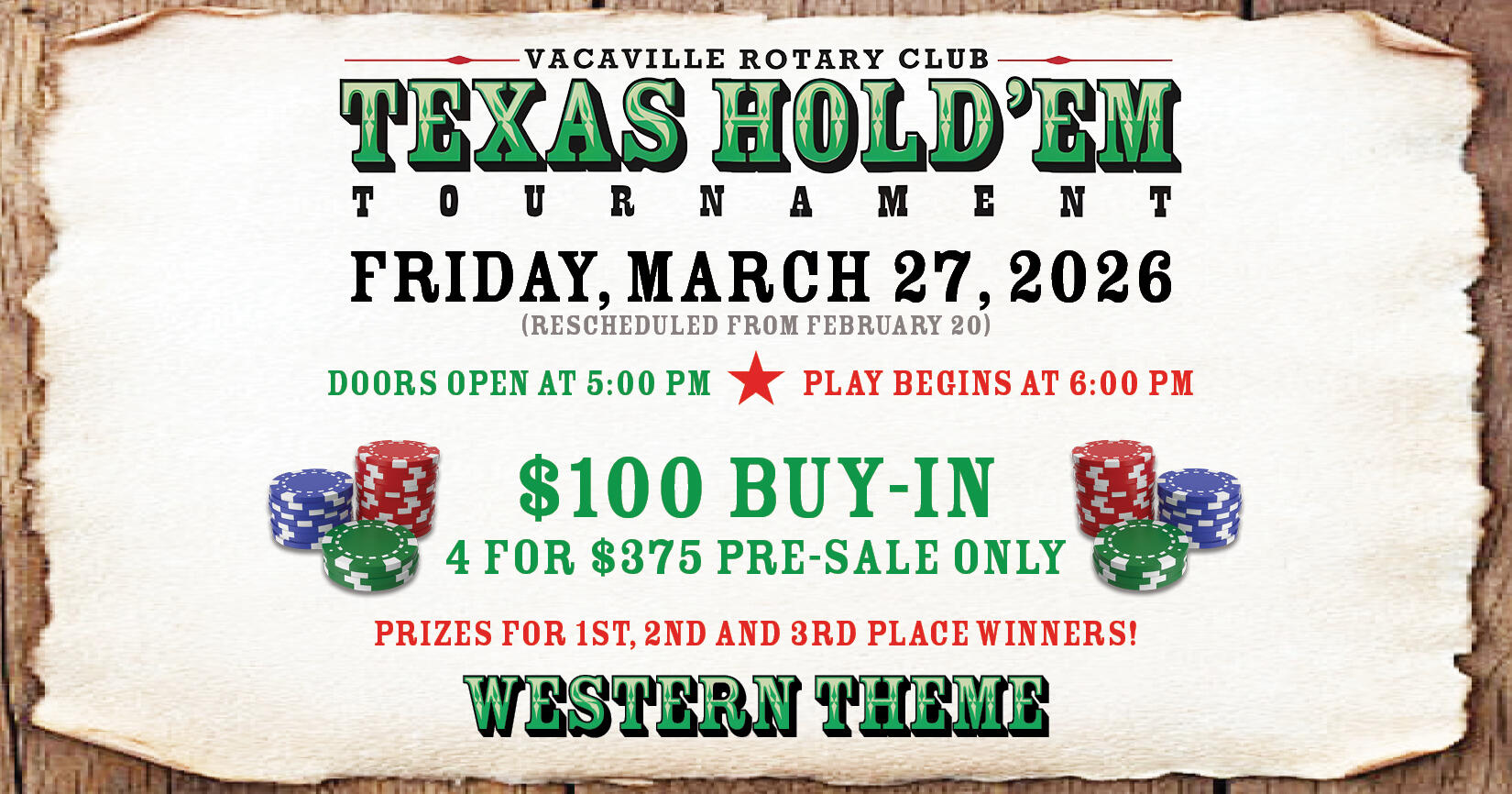 Campaign cover image for Annual Vacaville Rotary Texas Hold’em Tournament - Rescheduled to March 27th