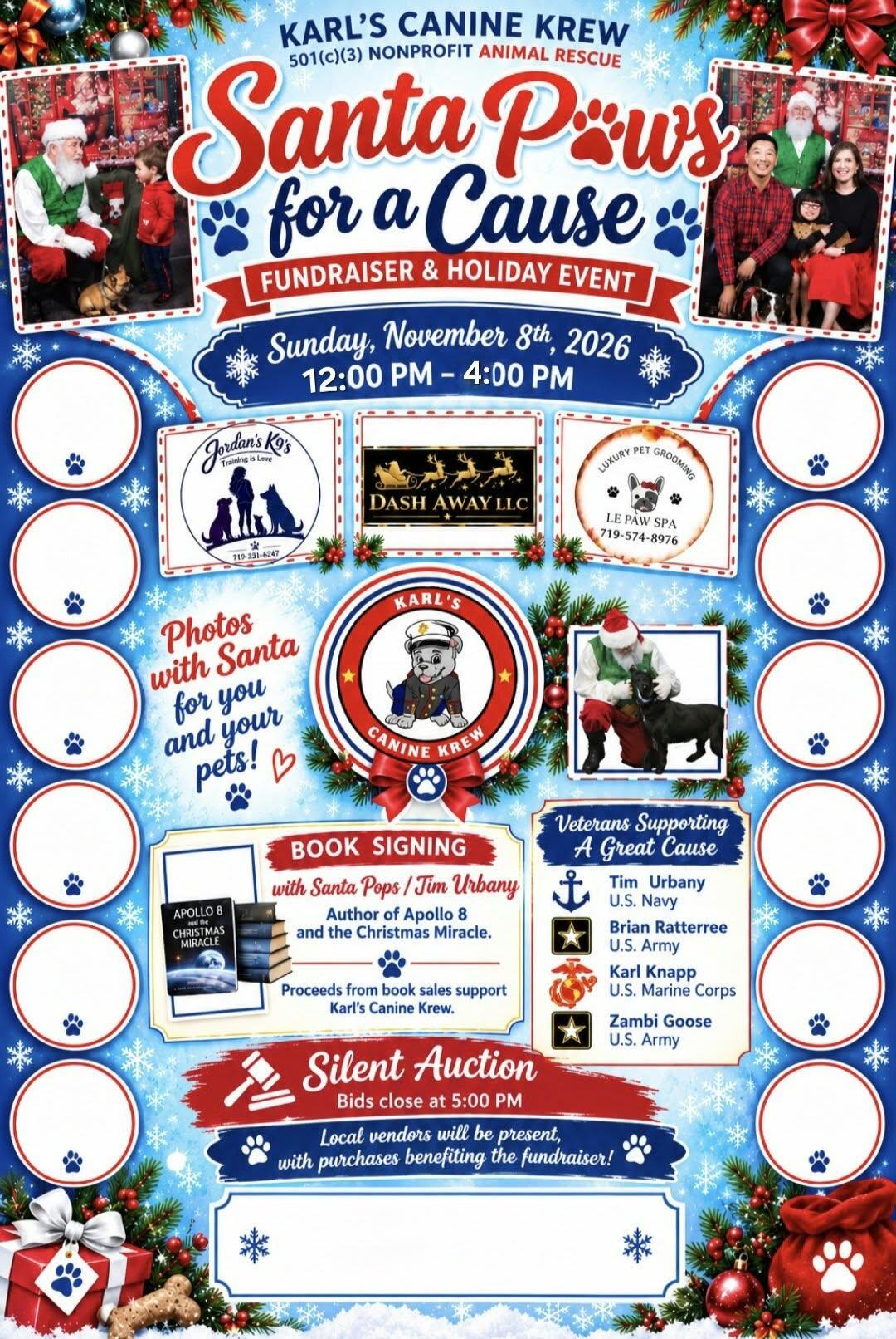 Campaign cover image for Jordan's K9's, Dash Away, & Le Paw Spa Present Santa Paws for Karl’s Canine Krew
