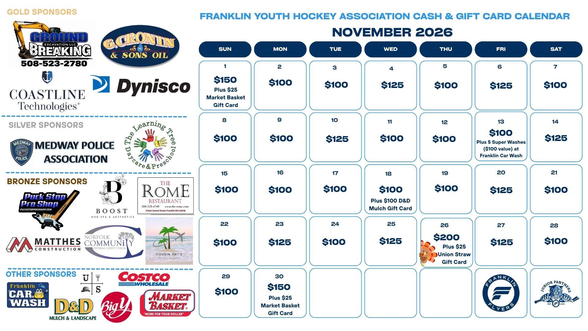 Franklin Youth Hockey Association Cash & Gift Card Raffle Calendar ...
