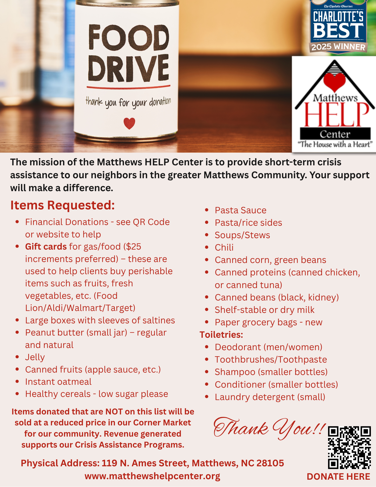 Campaign cover image for Matthews HELP Center FOOD DRIVE 2025