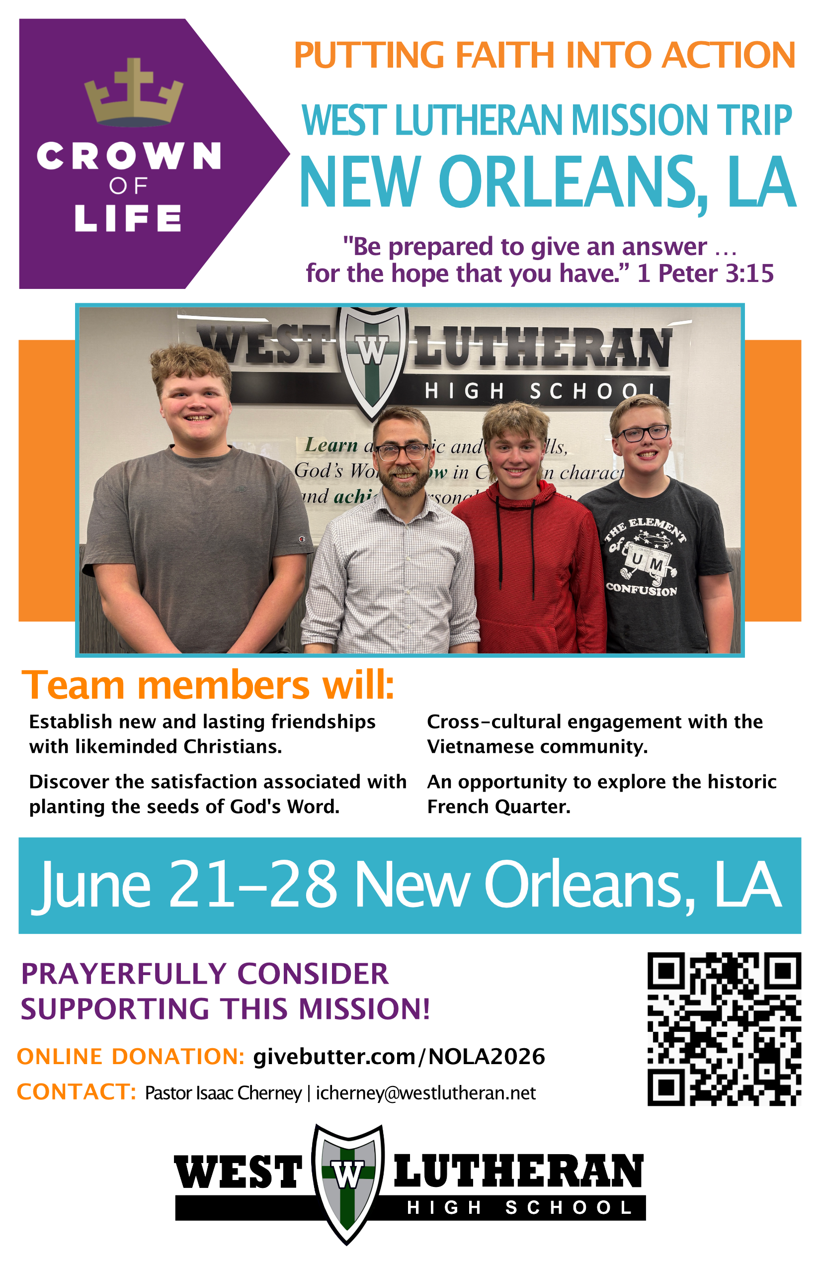 Campaign cover image for 2026 West Lutheran High School New Orleans Mission Trip - June 21-28, 2026
