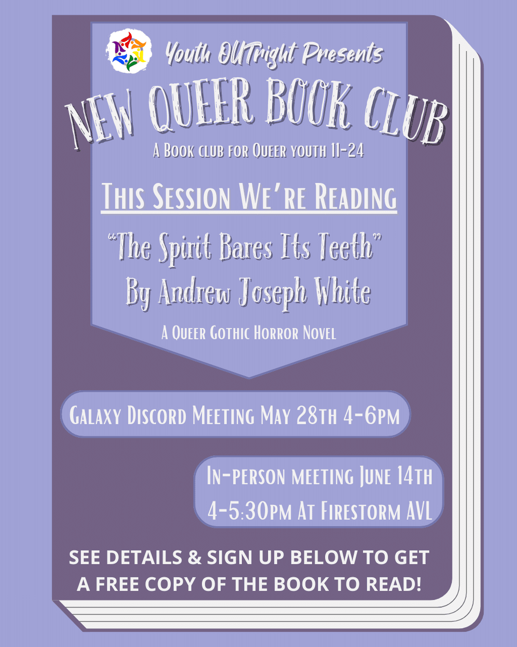 Campaign cover image for Queer Book Club on Discord May 28th and at Firestorm June 14th