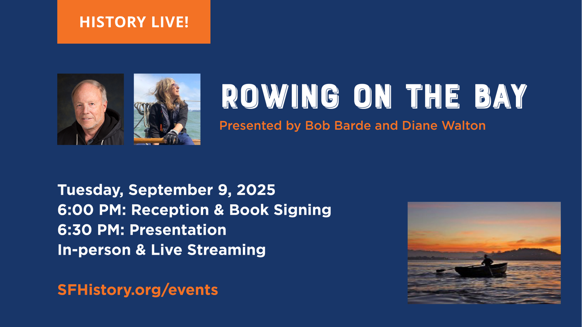 Campaign cover image for History Live! Rowing on the Bay, Presented by Bob Barde and Diane Walton. Tue. Sept. 9 @ 6:30 PM (Livestream & In-person).