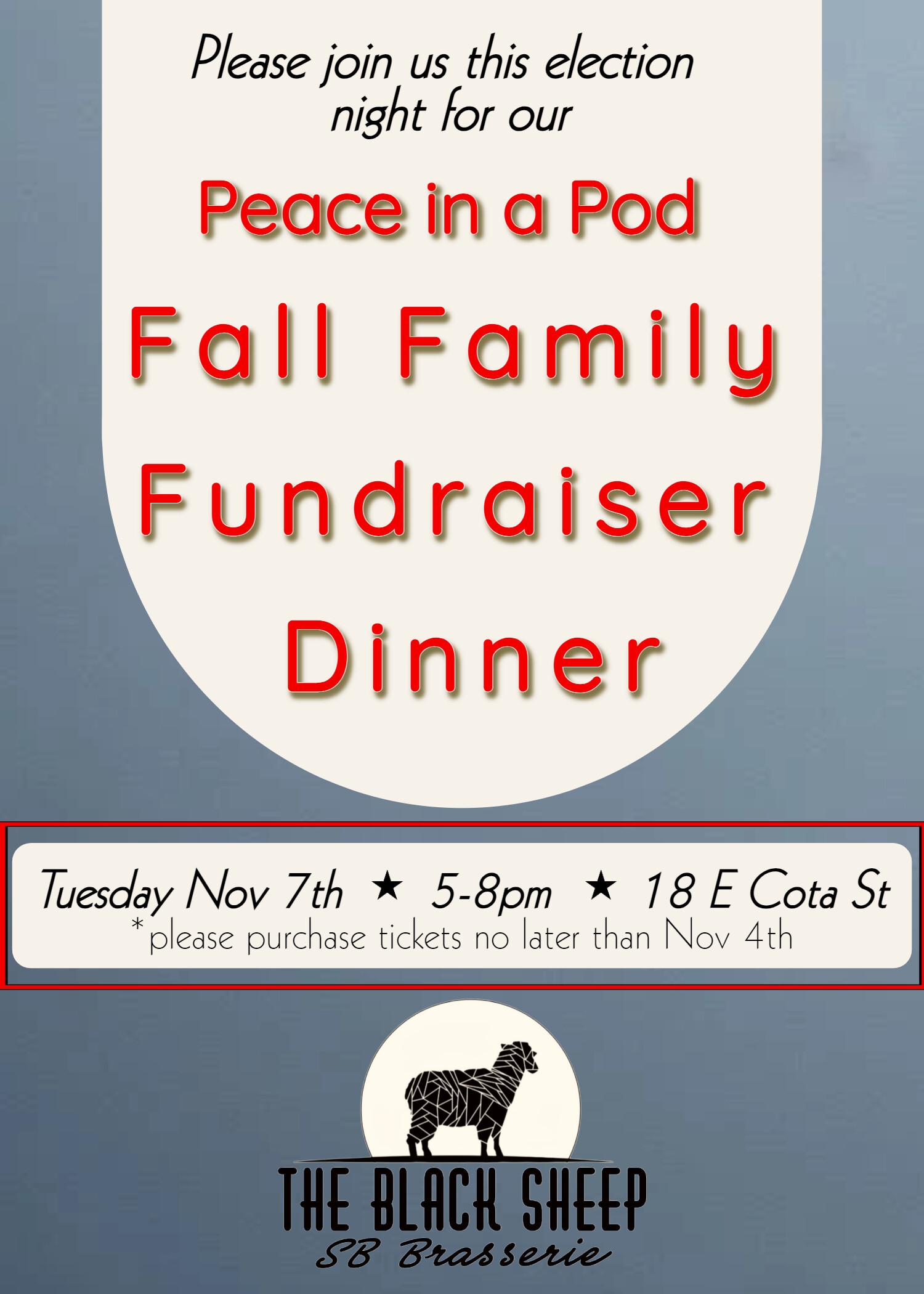 Campaign cover image for Fall Family Fundraiser Dinner for Peace in a Pod