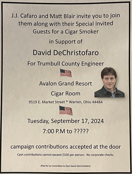 Campaign cover image for DeChristofaro For Trumbull County Engineer Avalon Cigar Room