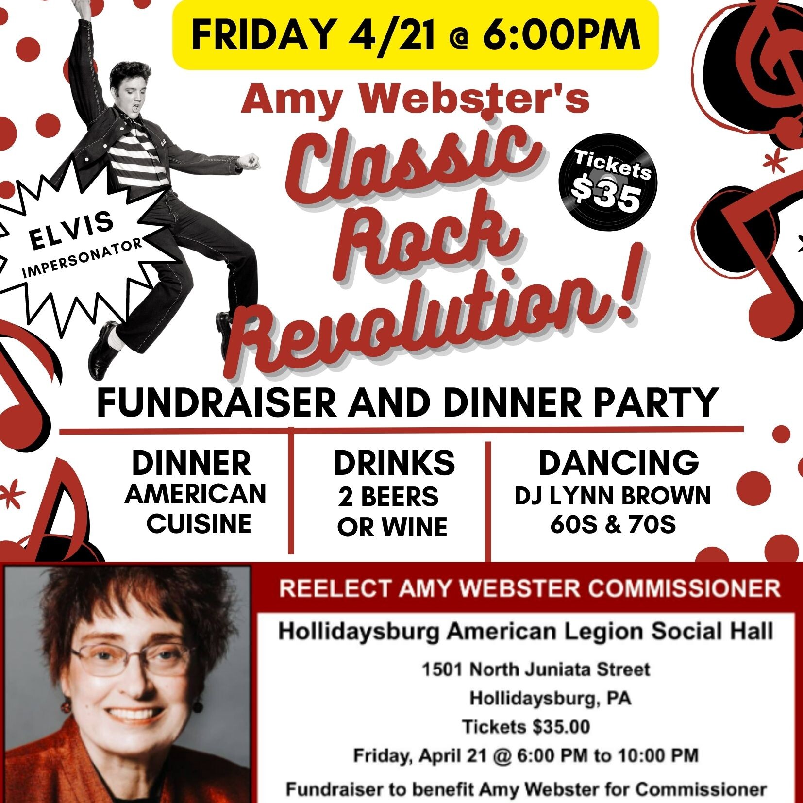 Campaign cover image for Fundraiser Dinner, Music & Elvis! Reelect Amy Webster for Commissioner Fundraiser!