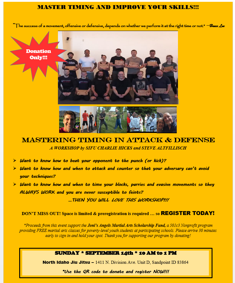 Campaign cover image for Mastering Timing: A DONATION ONLY Workshop at North Idaho Jiu Jitsu - September 14th!