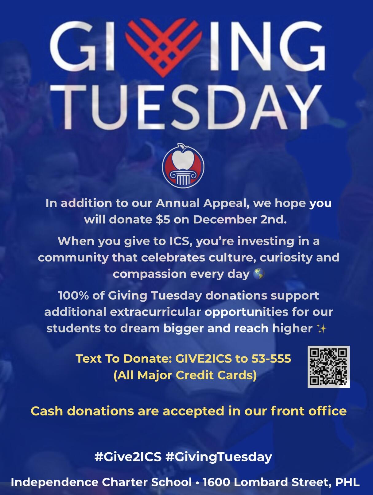 Campaign cover image for ICS’ Giving Tuesday, ONE DAY ONLY!
