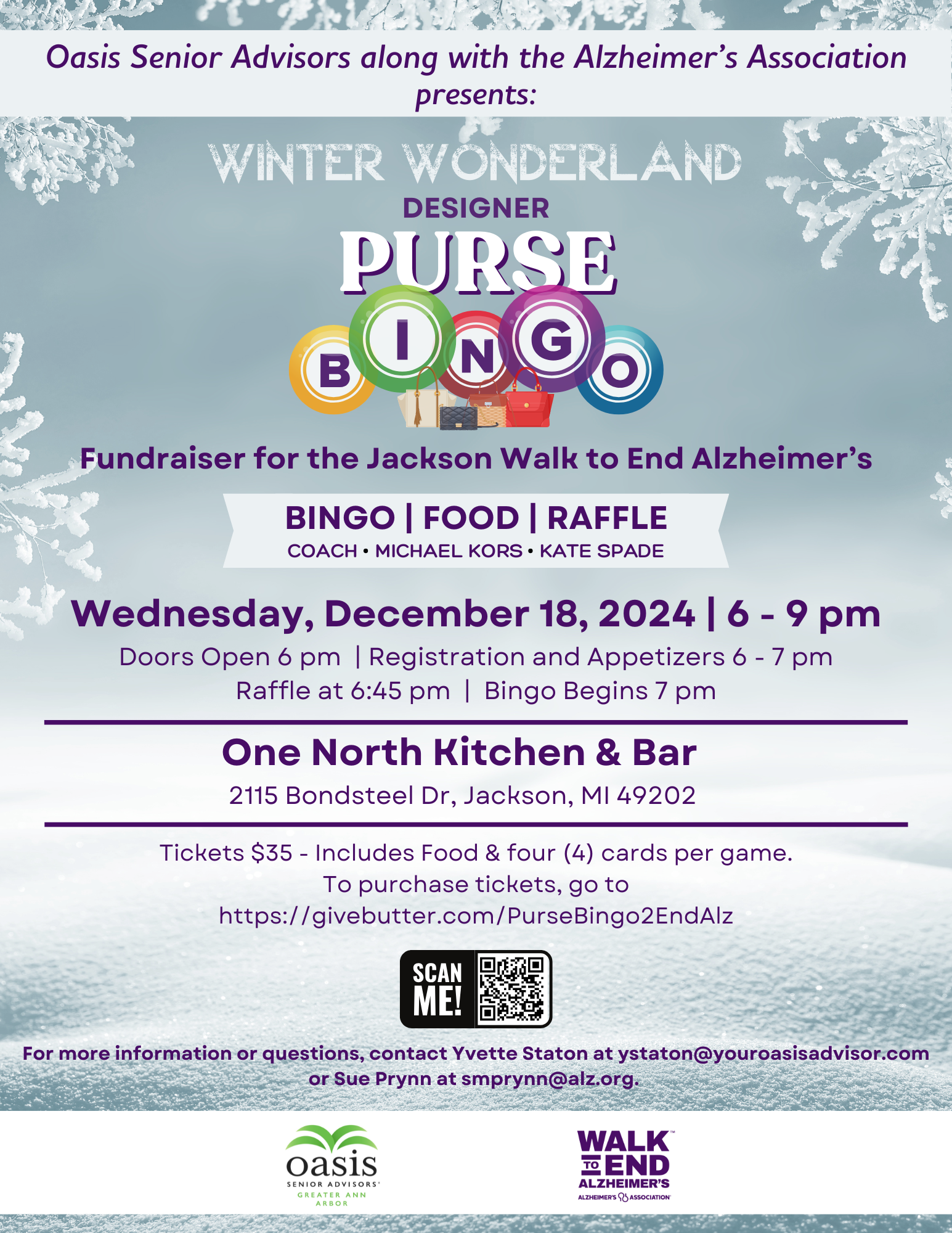 Campaign cover image for Oasis Senior Advisors Greater Ann Arbor Designer Purse Bingo fundraiser for the Jackson Walk to End Alzheimer's