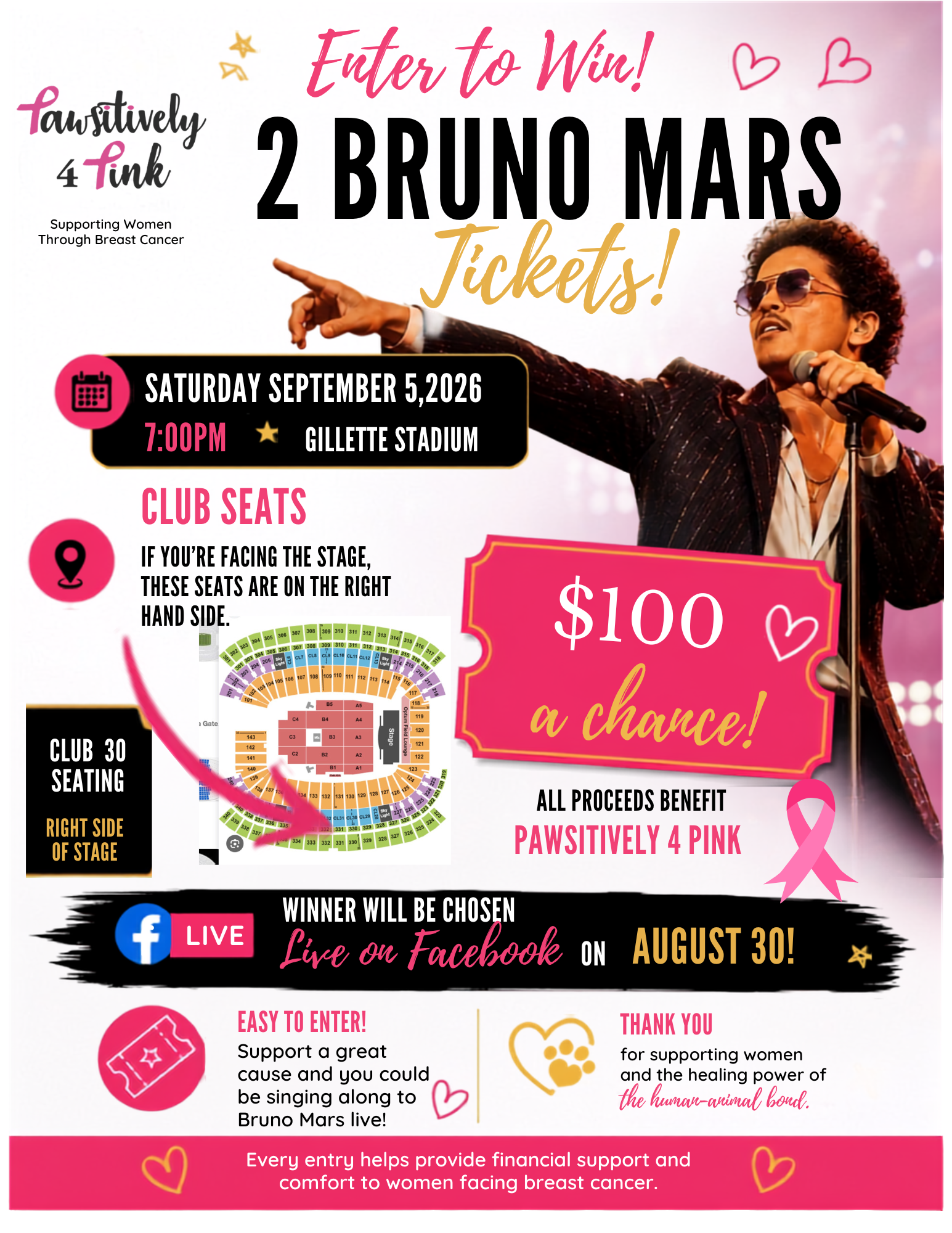 Campaign cover image for Bruno Mars Club Seat Giveaway Benefiting Pawsitively 4 Pink