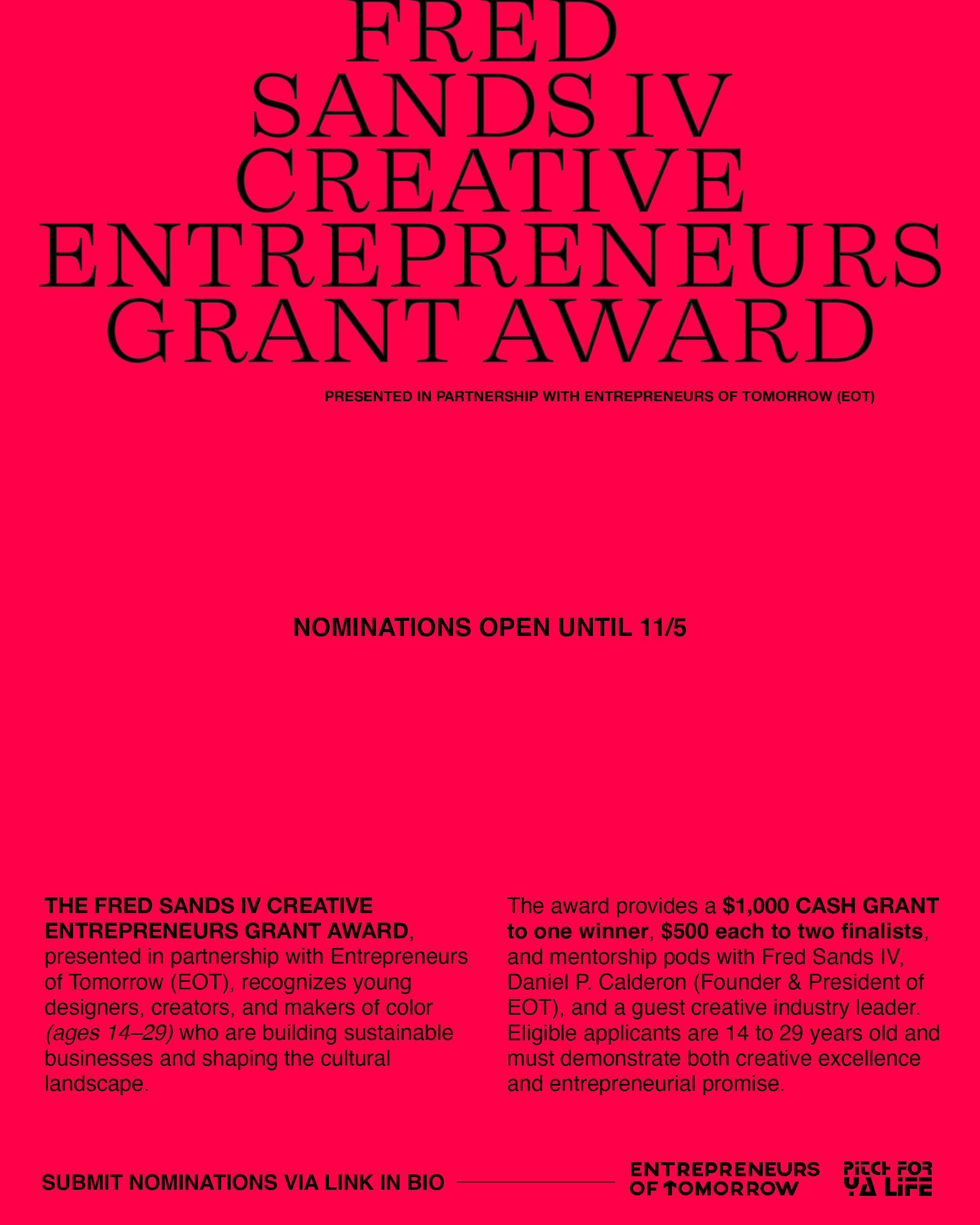 Campaign cover image for The Fred Sands IV Creative Entrepreneurship Grant Award @ Pitch For Ya Life 2025 Pitch Competition & Gala