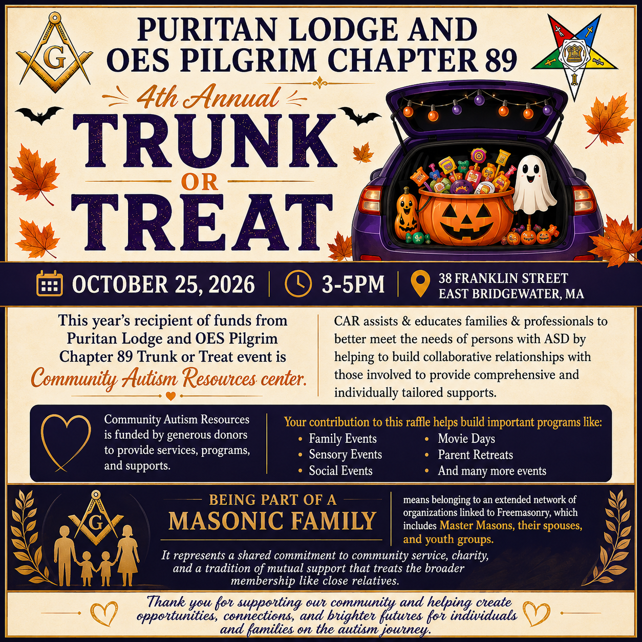 Campaign cover image for Puritan Lodge and OES Pilgrim Chapter 89 | 4th Annual Trunk or Treat Raffle