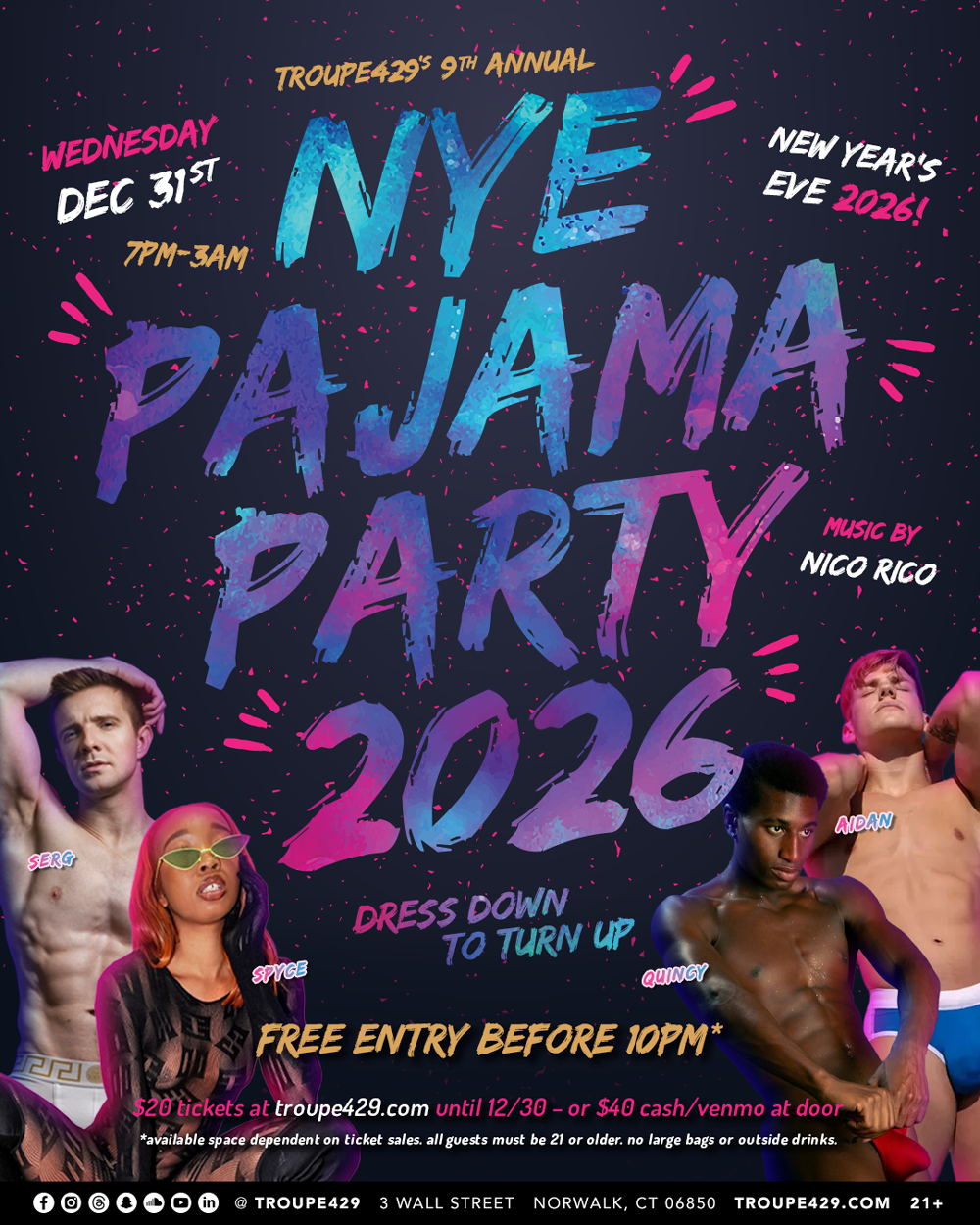 Campaign cover image for TICKET TO: New Year's Eve 2026 Pajama Party at Troupe429! (WED DEC 31, 2025)