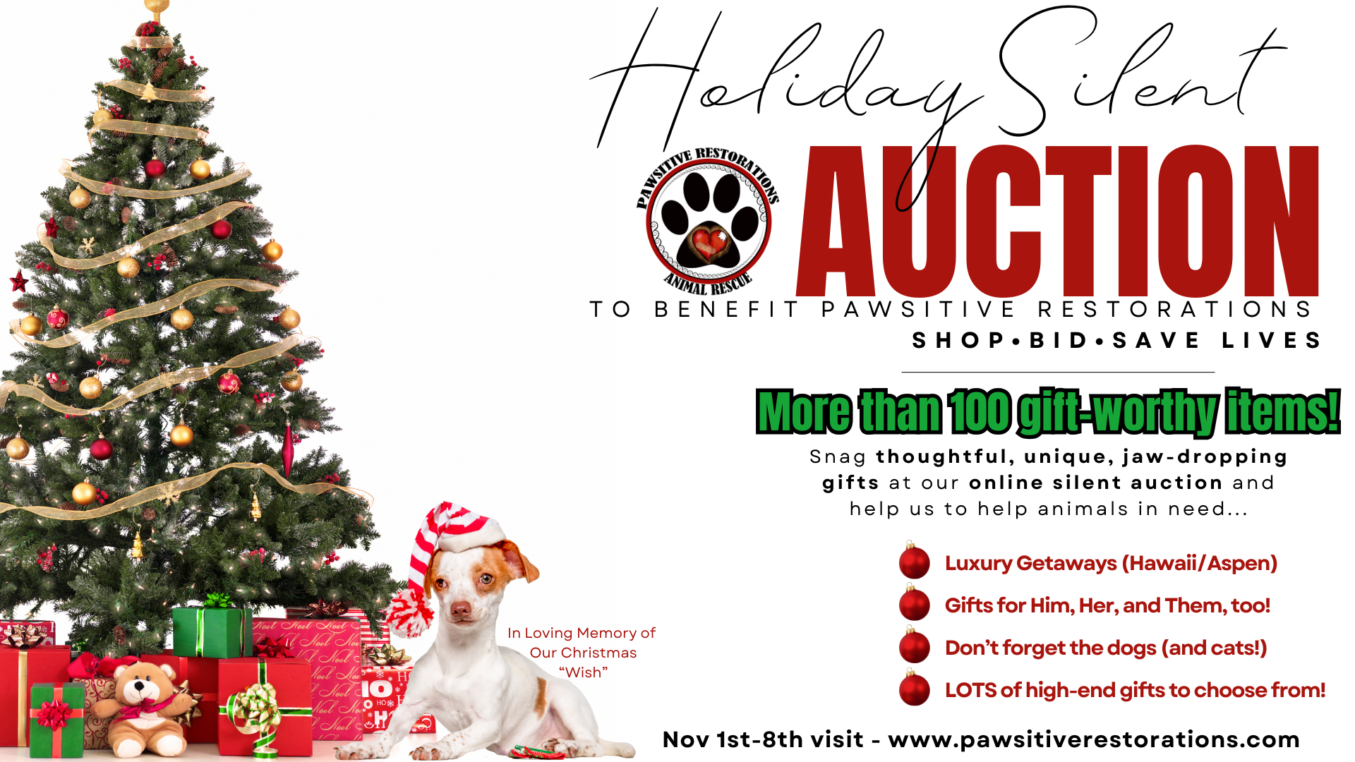 Campaign cover image for 2025 Holiday Auction to benefit Pawsitive Restorations Animal Rescue