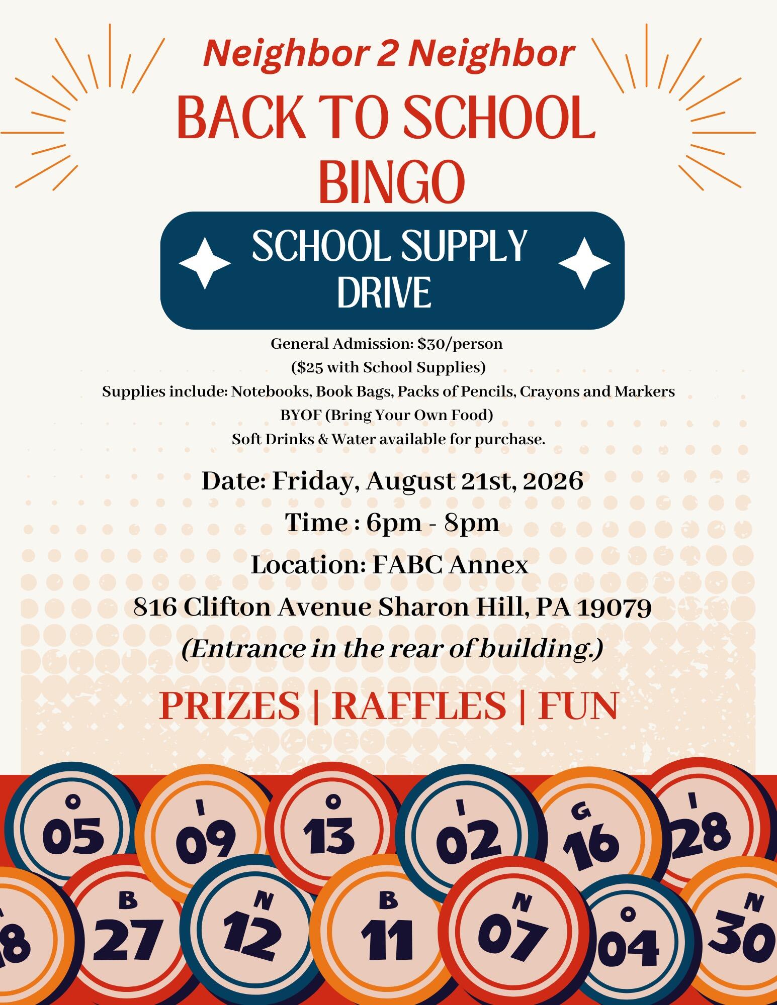 Campaign cover image for Neighbor To Neighbor Back To School BINGO
