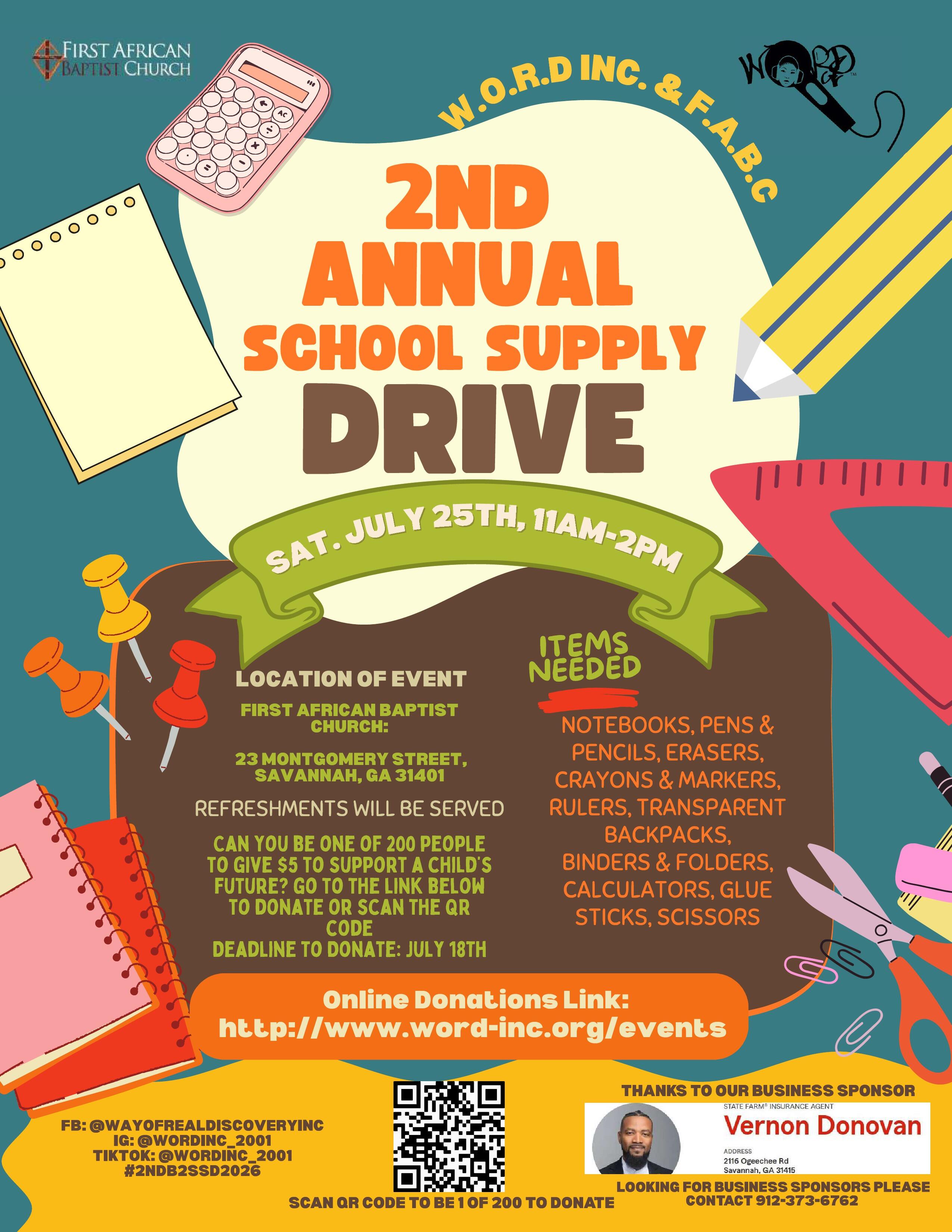 Campaign cover for The 2nd Annual Back 2 School Supply Drive in Partnership With The First African Baptist Church of Savannah