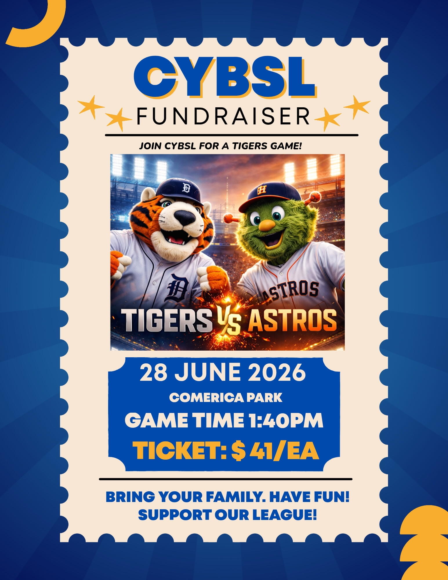 Campaign cover image for 2026 CYBSL Detroit Tiger's Game: Sunday, June 28