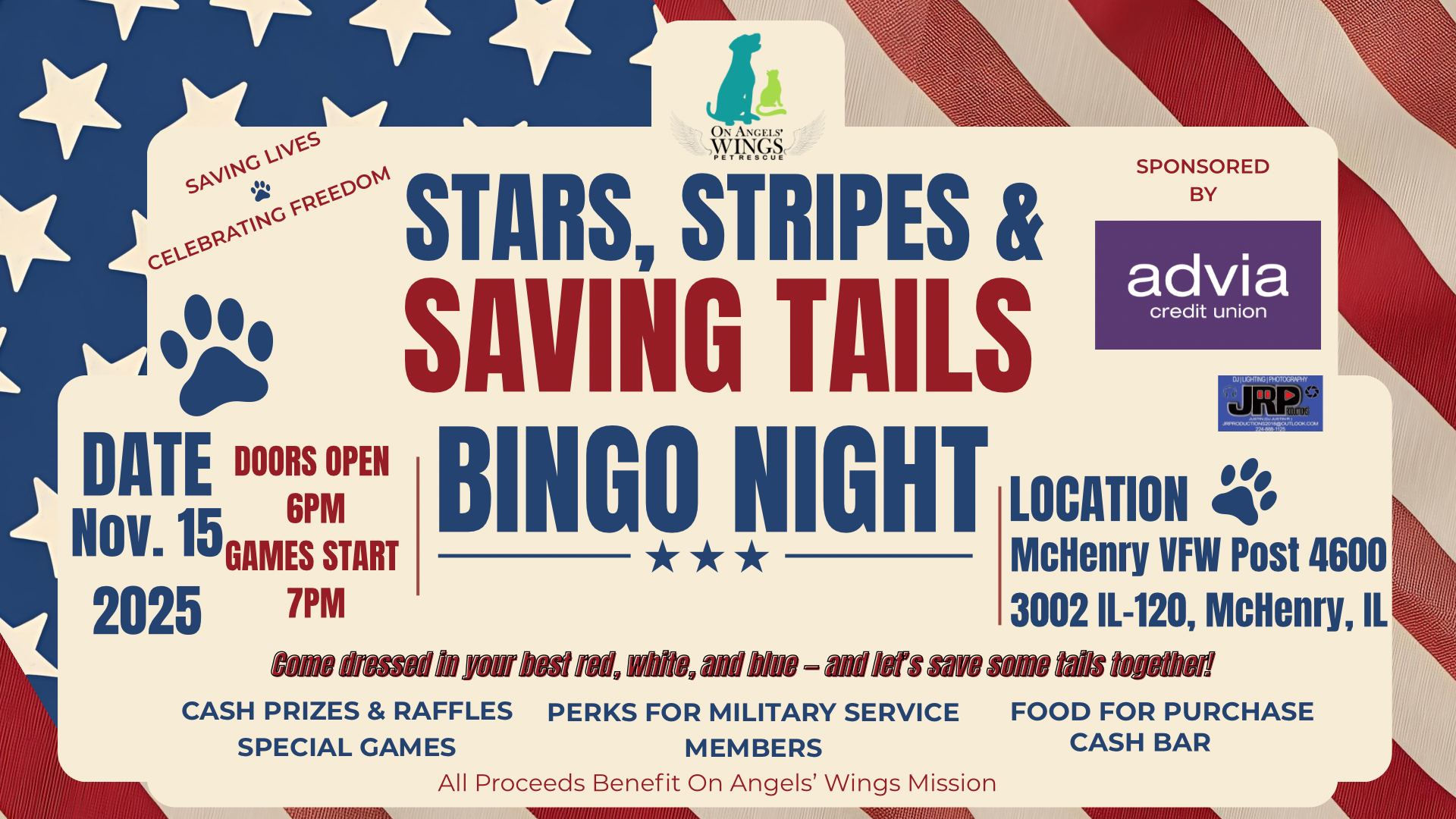 Campaign cover image for Stars, Stripes, & Saving Tails Bingo for On Angels’ Wings