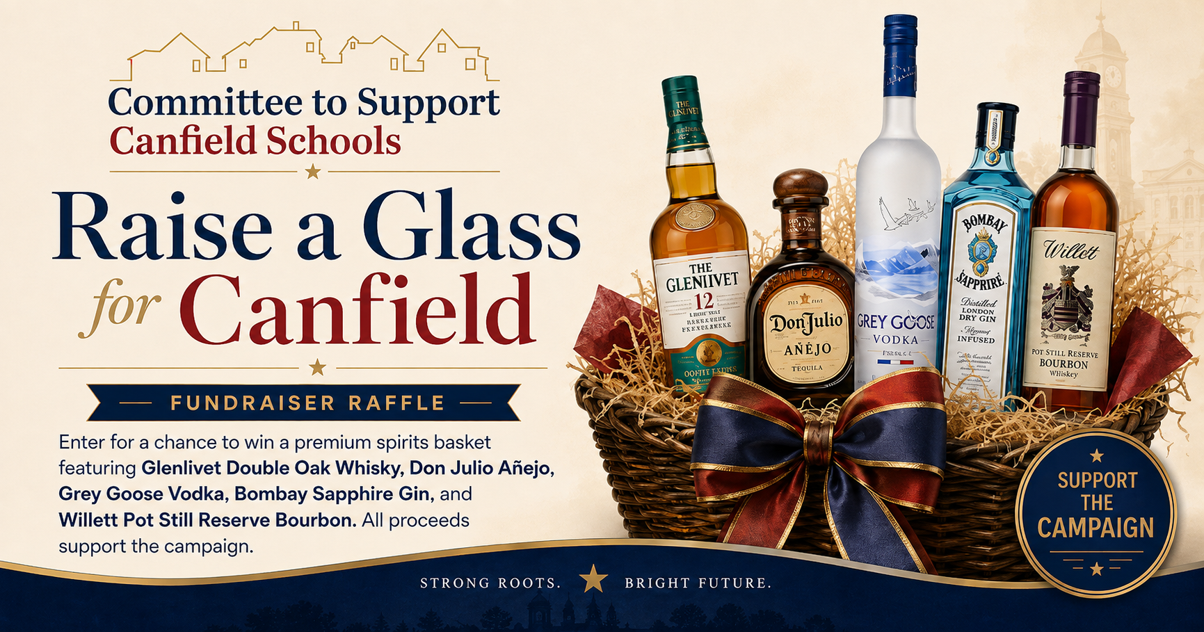 Campaign cover image for Raise a Glass for Canfield: Premium Spirits Basket Raffle