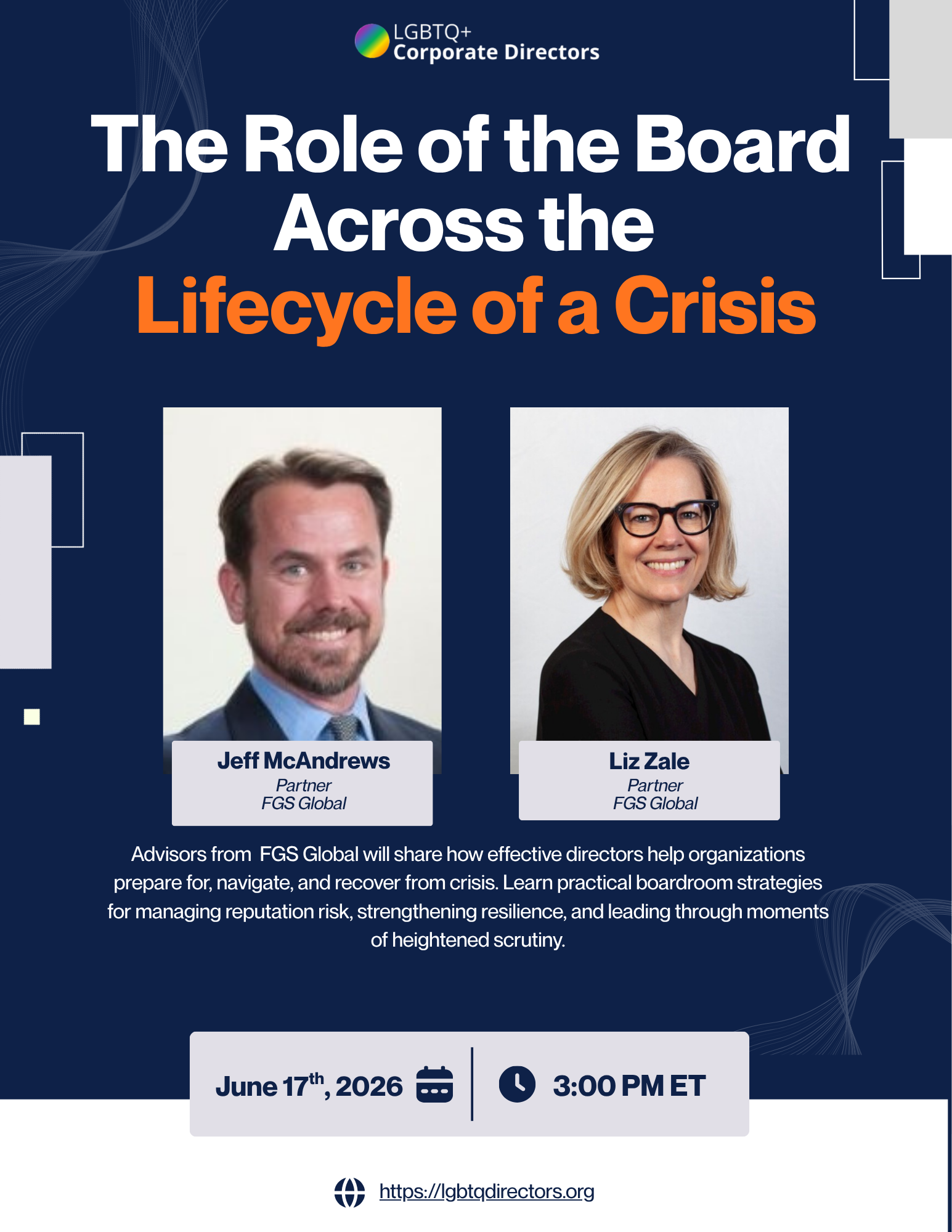 Campaign cover image for PRISM Association of LGBTQ+ Corporate Directors Webinar: The Role of the Board Across the Lifecycle of a Crisis with FGS Global