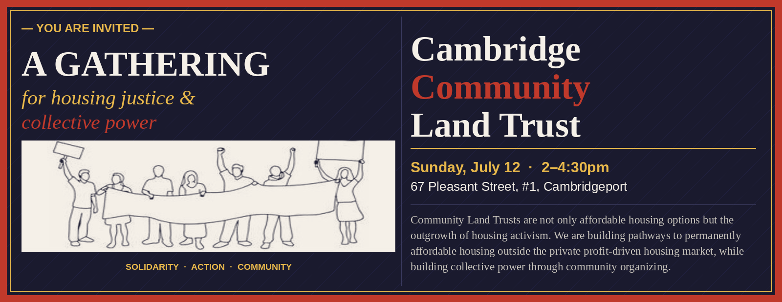 Campaign cover image for Come celebrate housing activism Sunday July 12 for Cambridge Community Land Trust