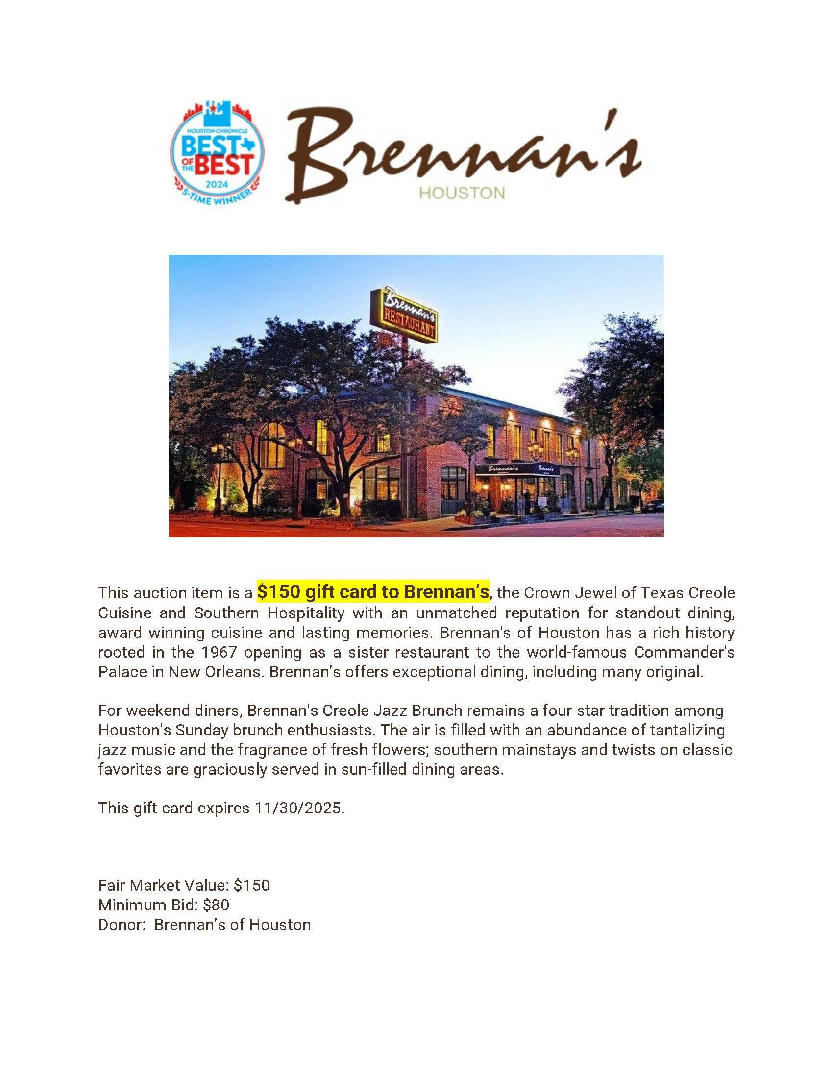 Campaign cover image for Brennan's $150 Gift Certificate