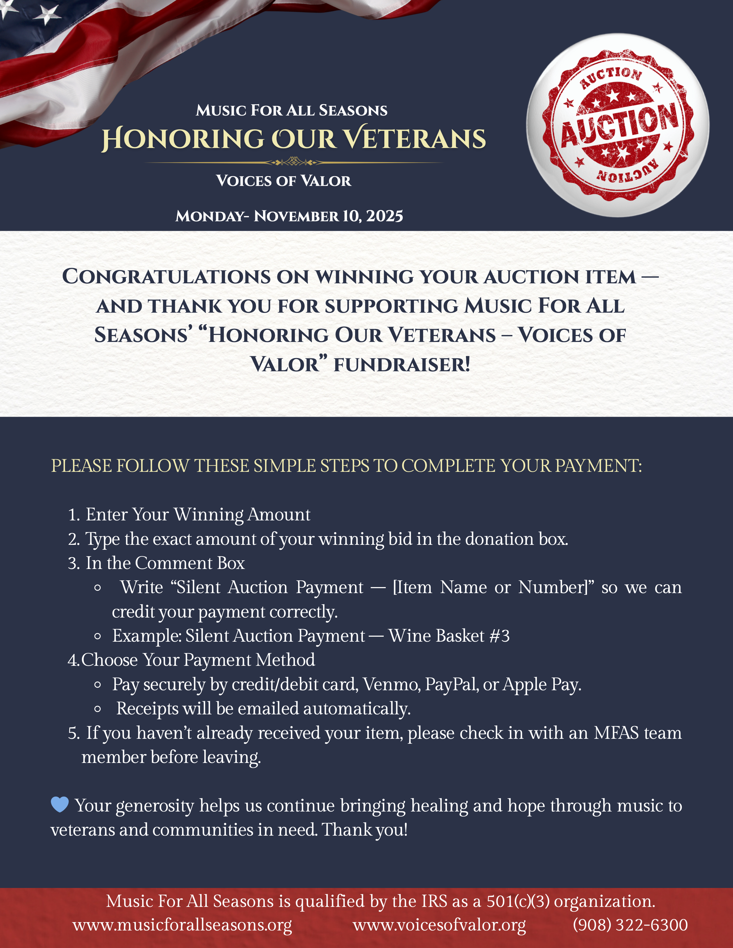 Campaign cover image for Silent Auction Payments- MFAS Honoring Our Veterans Event- 11/10/25