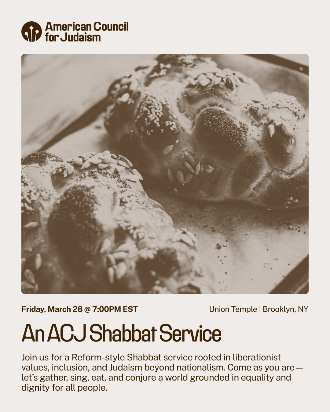 Campaign cover image for An ACJ Shabbat: Brooklyn, 3/28/25 at 7PM