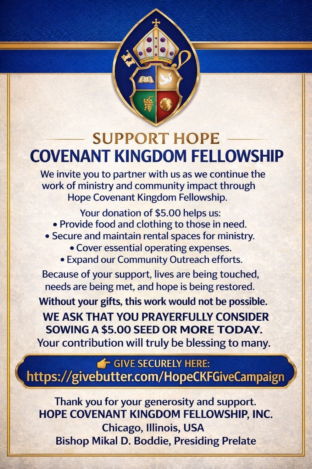 Campaign cover image for HOPE COVENANT KINGDOM FELLOWSHIP GIVING