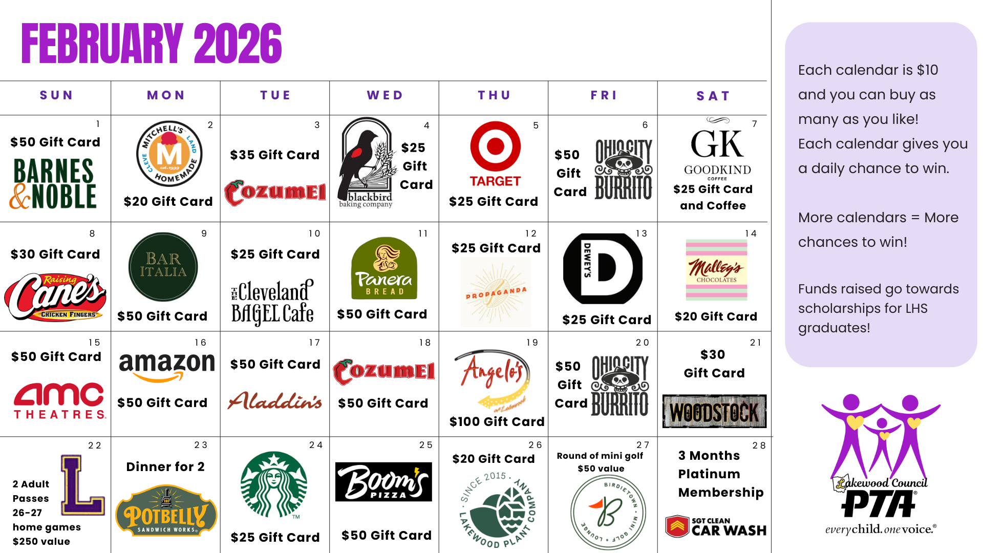 Campaign cover image for Lakewood Council of PTA's 2026 Calendar Raffle Fundraiser