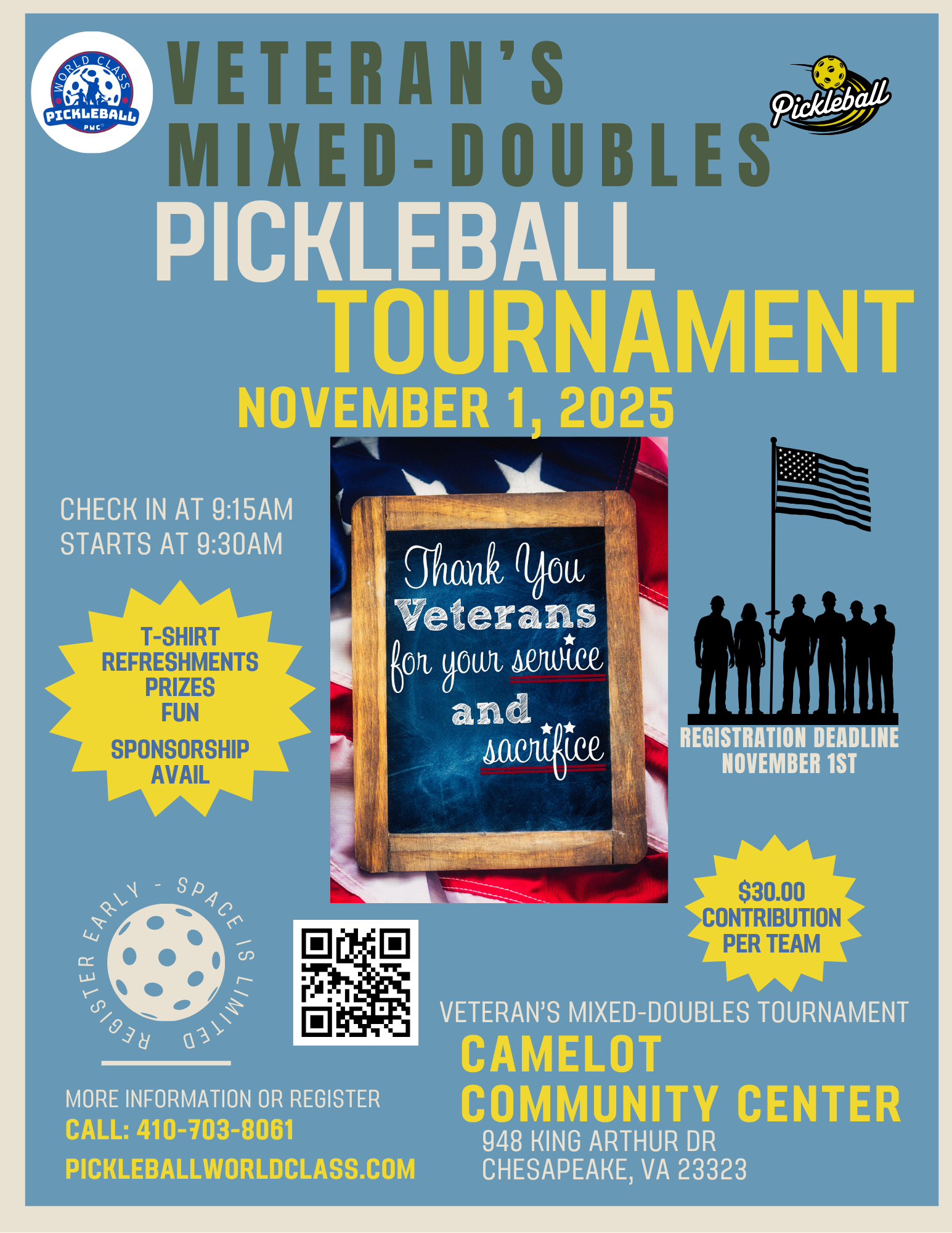 Campaign cover image for Fundraising Pickleball Veteran's Mixed-Doubles Tournament, Open Play and Instructional Sessions