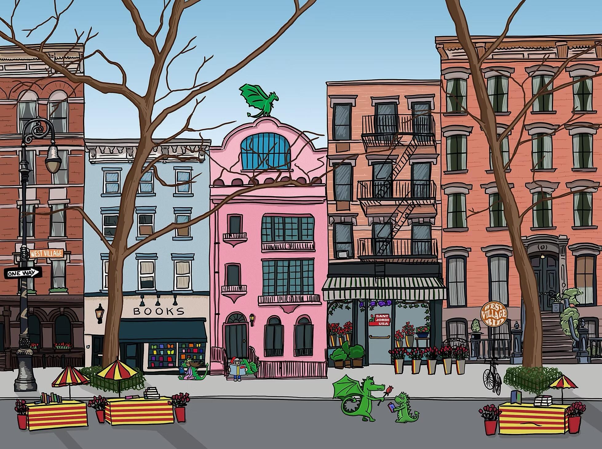 Campaign cover image for Sant Jordi NYC filled Christopher Street with books, roses, and dragons.
