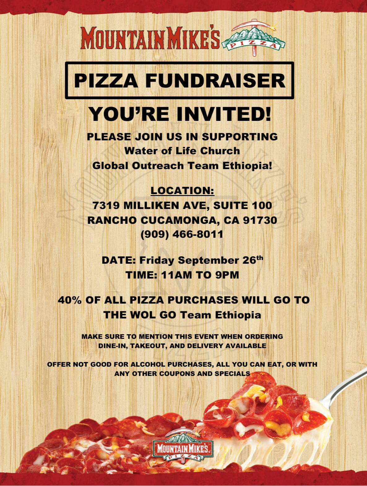 Campaign cover image for Mt. Mikes Pizza Fundraiser to help WOL's Global Outreach Team Ethiopia