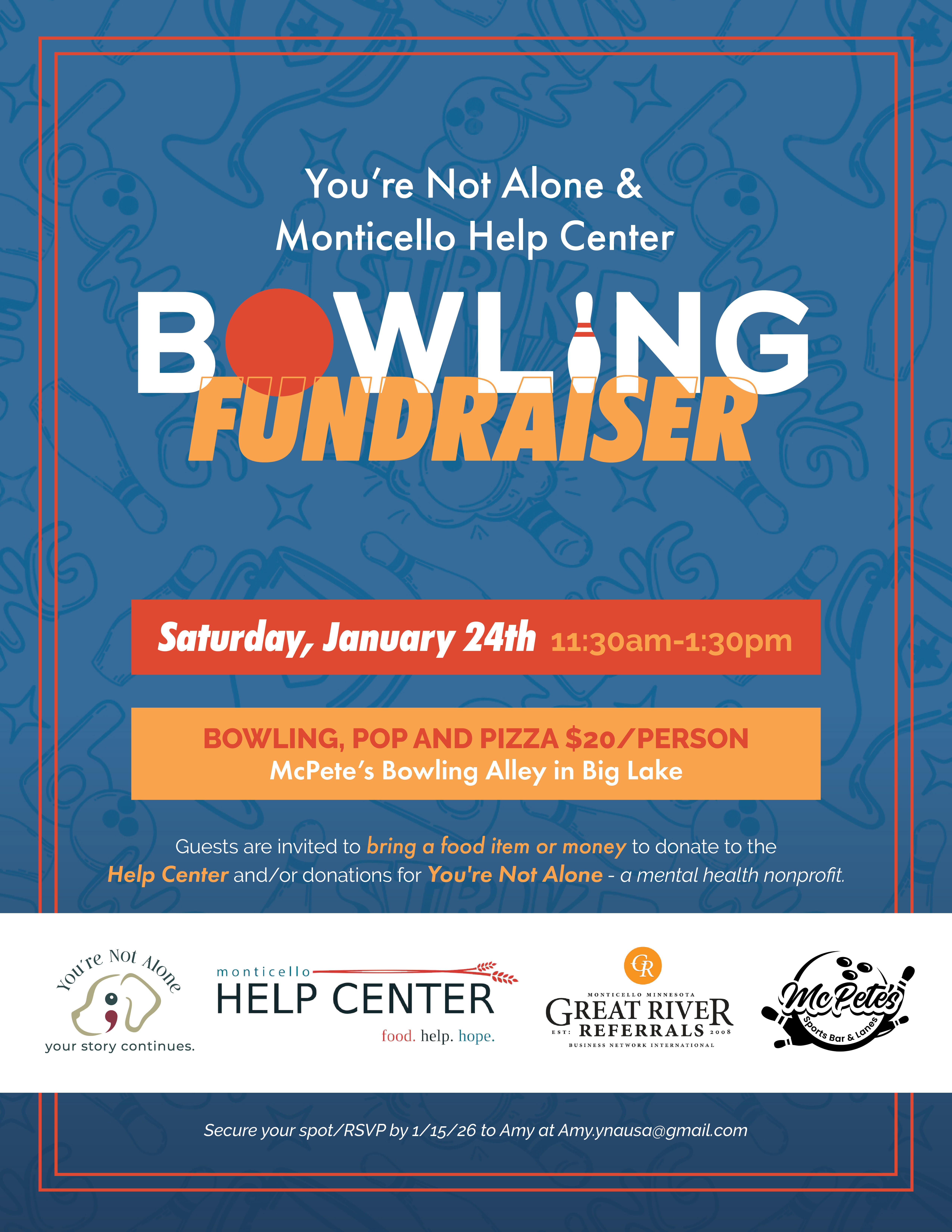 Campaign cover image for You're Not Alone; & Monticello Help Center Bowling Fundraiser (sponsored by Great River Referrals BNI Monticello)