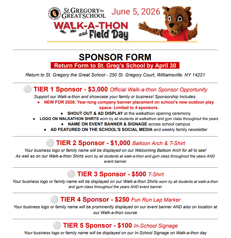 Campaign cover image for 2026 St. Gregory the Great School Walk-A-Thon & Field Day Sponsorships